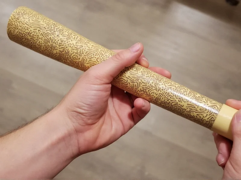 Hand holding completed PVC didgeridoo with decorative patterns