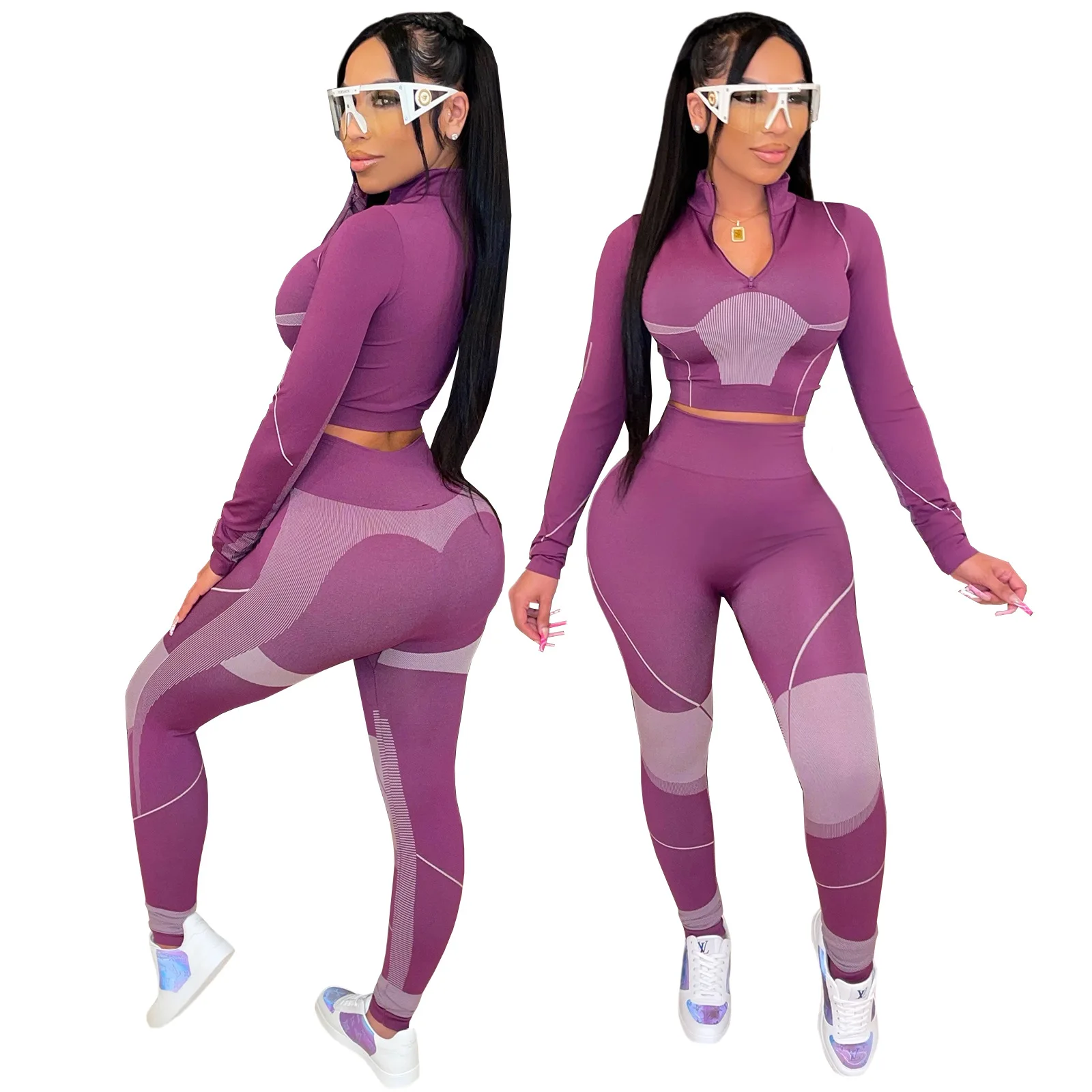 

2022 Autumn new arrival outfit fashion sexy solid color casual sports two piece sets long sleeved slim fit jogging women suits, Two colors or customized