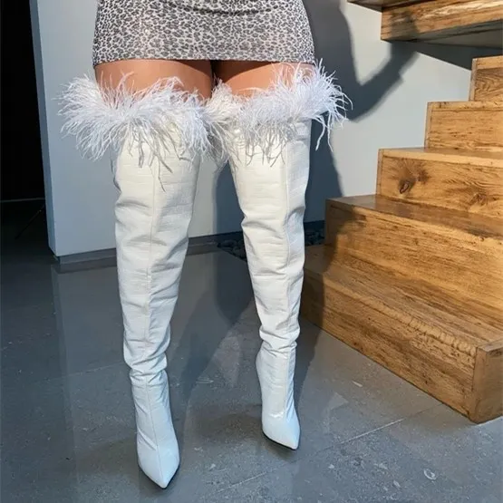 

Girls Over the knee white fur Pointy toe boots Ostrich feather Slithering Snake Boots
