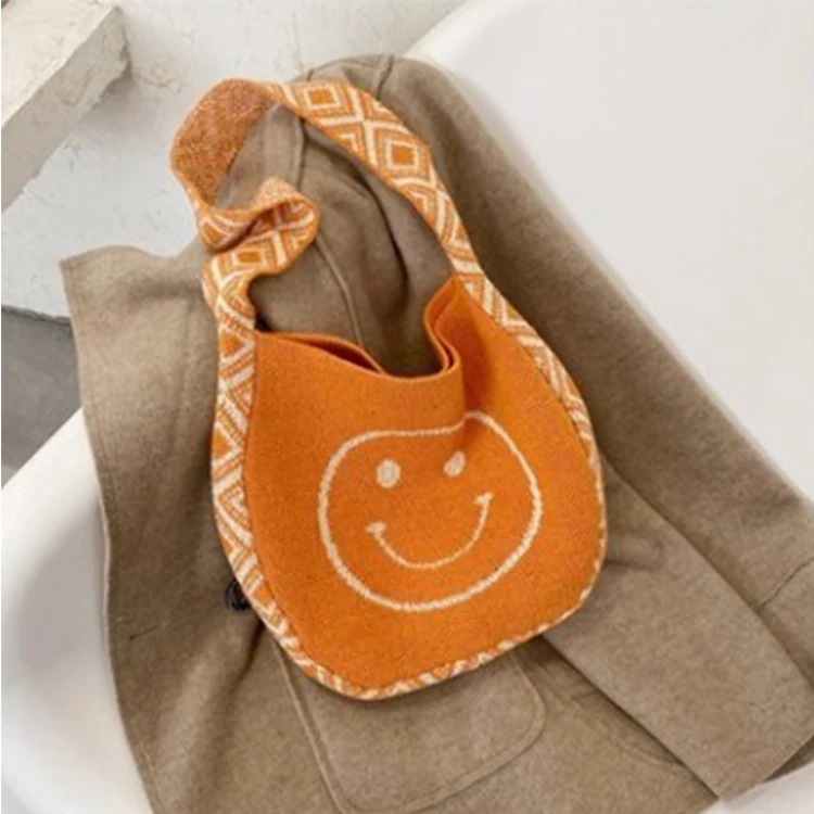 

INS Winter Korean Style Custom Cute Smile Knitted Shoulder Crochet Tote Bag, Customized color