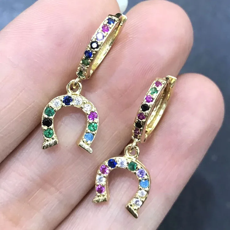 

EC1427 Popular Dainty Rainbow CZ Micro Pave Horseshoe Stud Dangle Charm Huggie Earrings