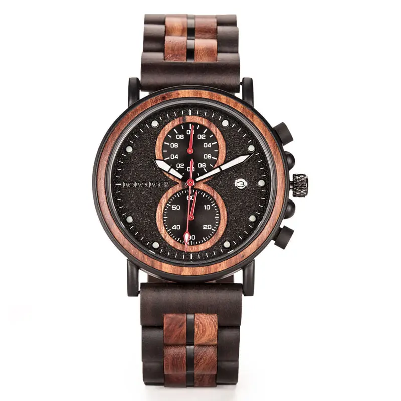 

DODO DEER Stainless Steel Watches Wooden Strap Stop Function Watch Mens Luxury Wood Wristwatch in Gift Box