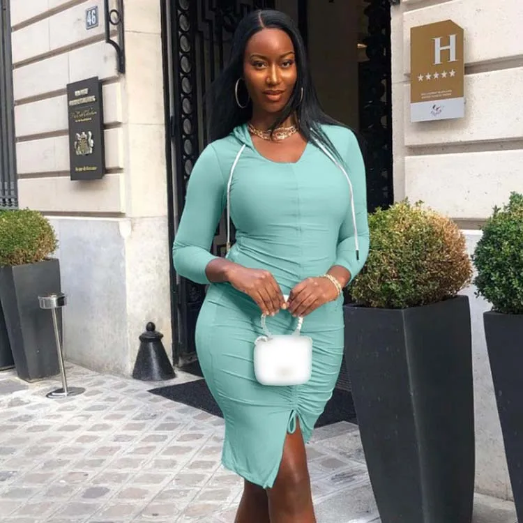 

Casual Dresses Women Leisure Clothes Fashion Ruched Bodycon Long Sleeve Hoodie Dress, Green