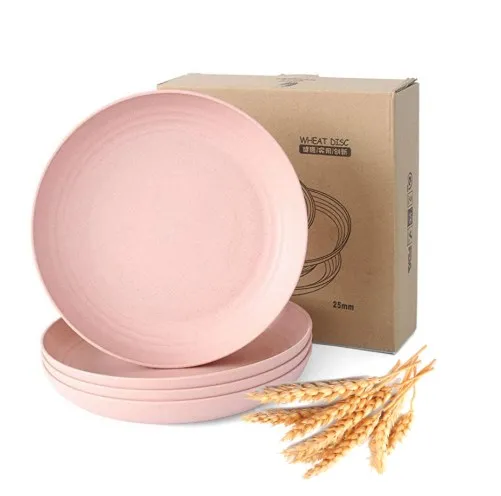 

New Unbreakable Sturdy Wheat Straw Fiber Pink Plates Set Dinner Plastic Plate For Salad Pasta Safe For Kids