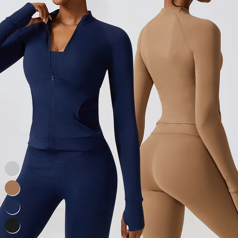 

Womens Quick Dry Slim Sports Tops Custom Running Coat Gym Fitness Wear Zipper Long Sleeve Thumb Holes Yoga Jacket For Women