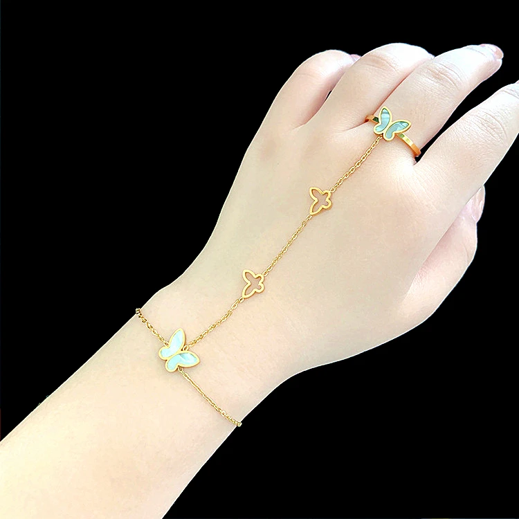 

Fashion 18K Gold Plated Butterfly Bracelet With Ring Attached Tarnish Free Stainless Steel Butterfly Hand Back Chain Bracelets