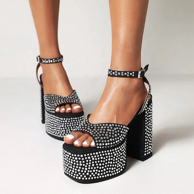 

Summer New Arrivals Square Toe Ladies Diamonds High Heels Fish Mouth High Platform Thick Heel Sandals Women Super High Heels, Gold,silver,black