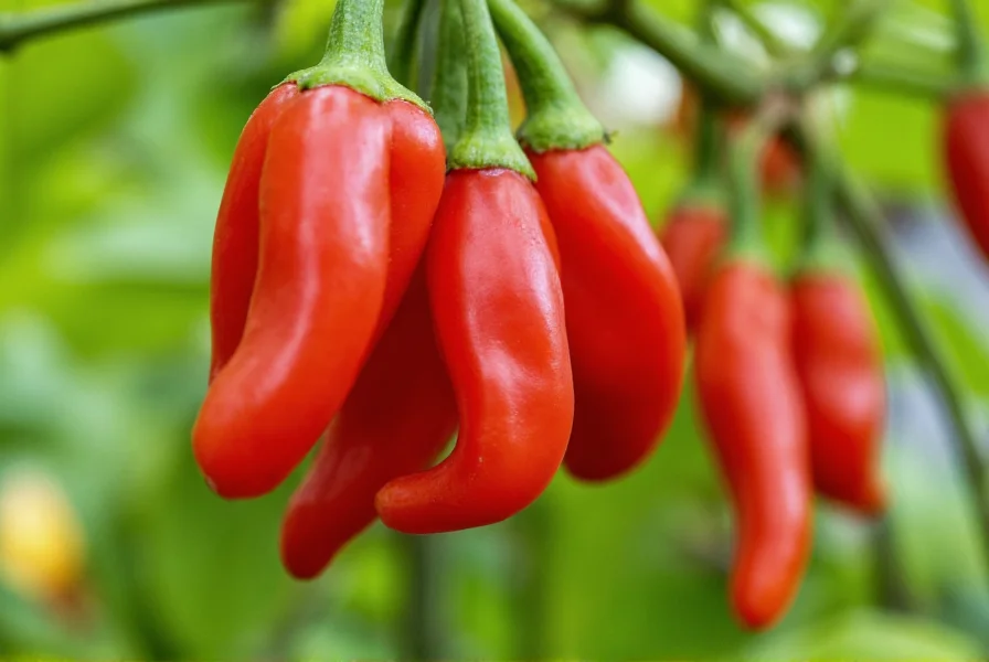 Close-up of mature red Peter peppers growing on plant with characteristic curved shape and vibrant color