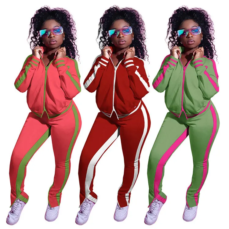 

21020-MX10 striped 2 piece sets zipper ankle design plus size jumpsuit women sehe fashion