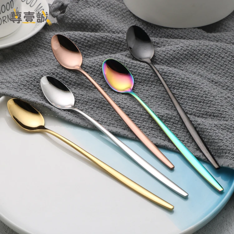 

304 stainless steel long handle spoon gold plated multicolored ice cream spoons tea spoon