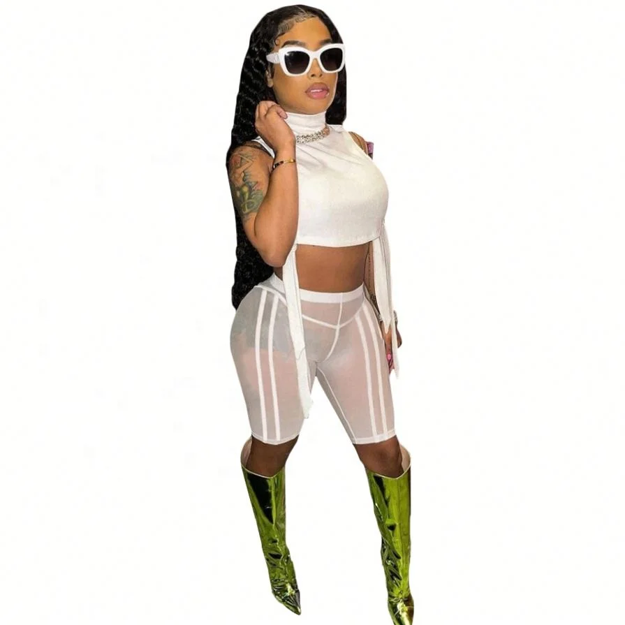 

2021 Summer Clothing Solid Turtleneck Crop Top High Waist Shorts Stretch Casual Women Two Piece Outfit