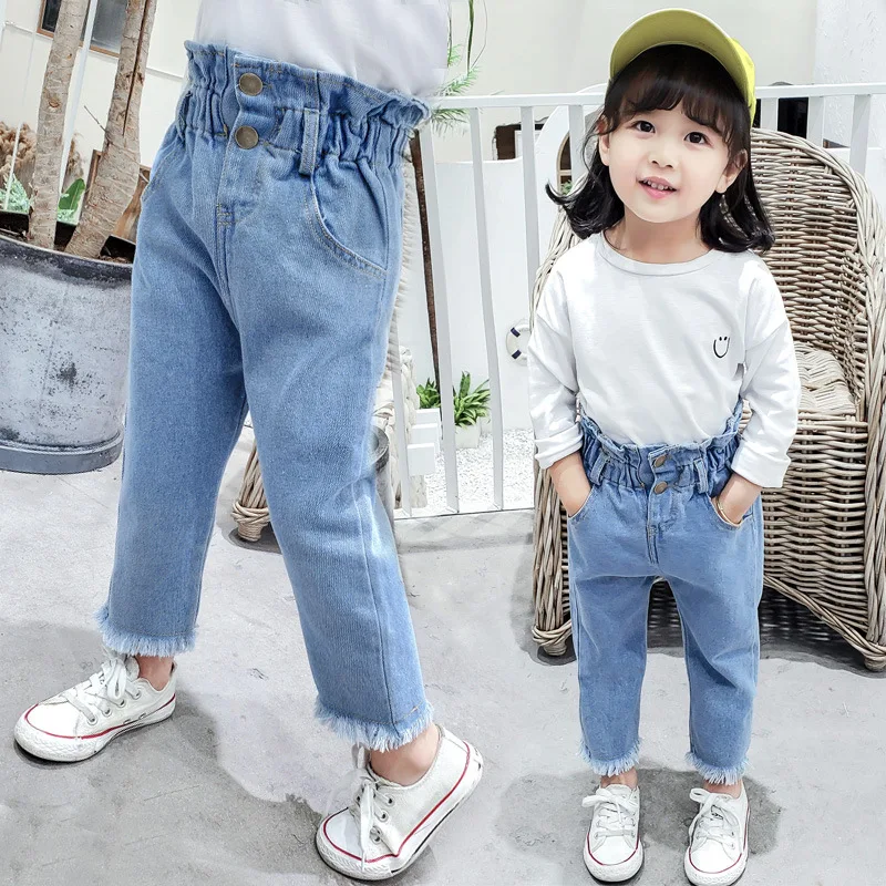 

Baby Girl denim pants Fall Spring Kids Long pant Fashion bud waist fringe pants Girl Casual trousers