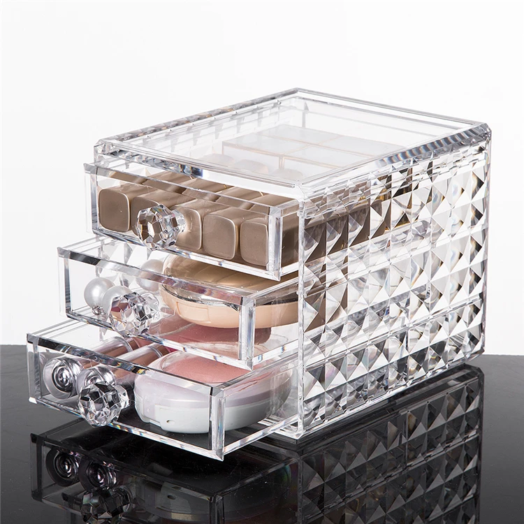 

Wholesale Diamond Shaped Acrylic Storage Jewelry Drawers Acrylic Makeup Organizer With 3 Drawers