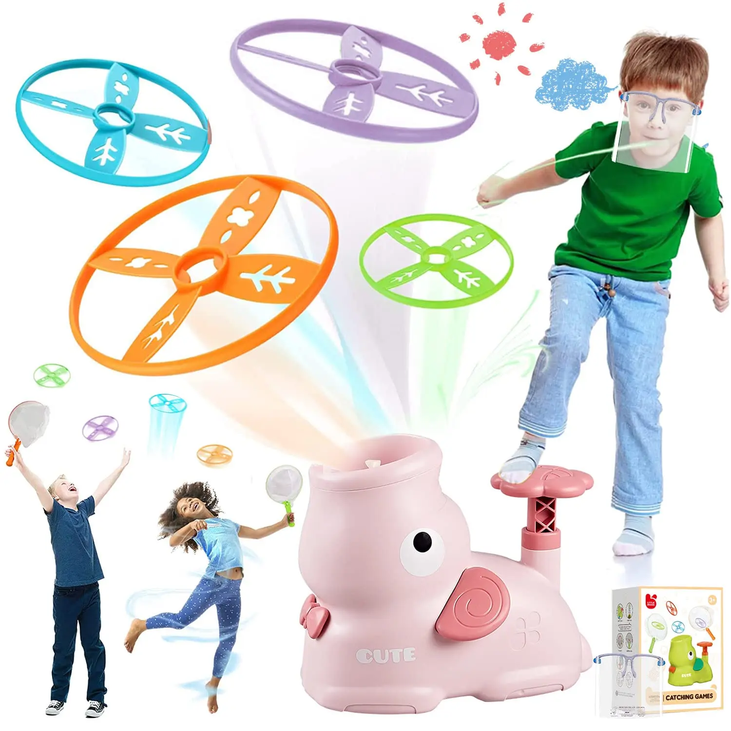 

Hot Selling Flying UFO Disc Launcher Toy LED Elephant Butterfly Catching Game Pop Up Flying Saucer Machine For Kid Outdoor Toys