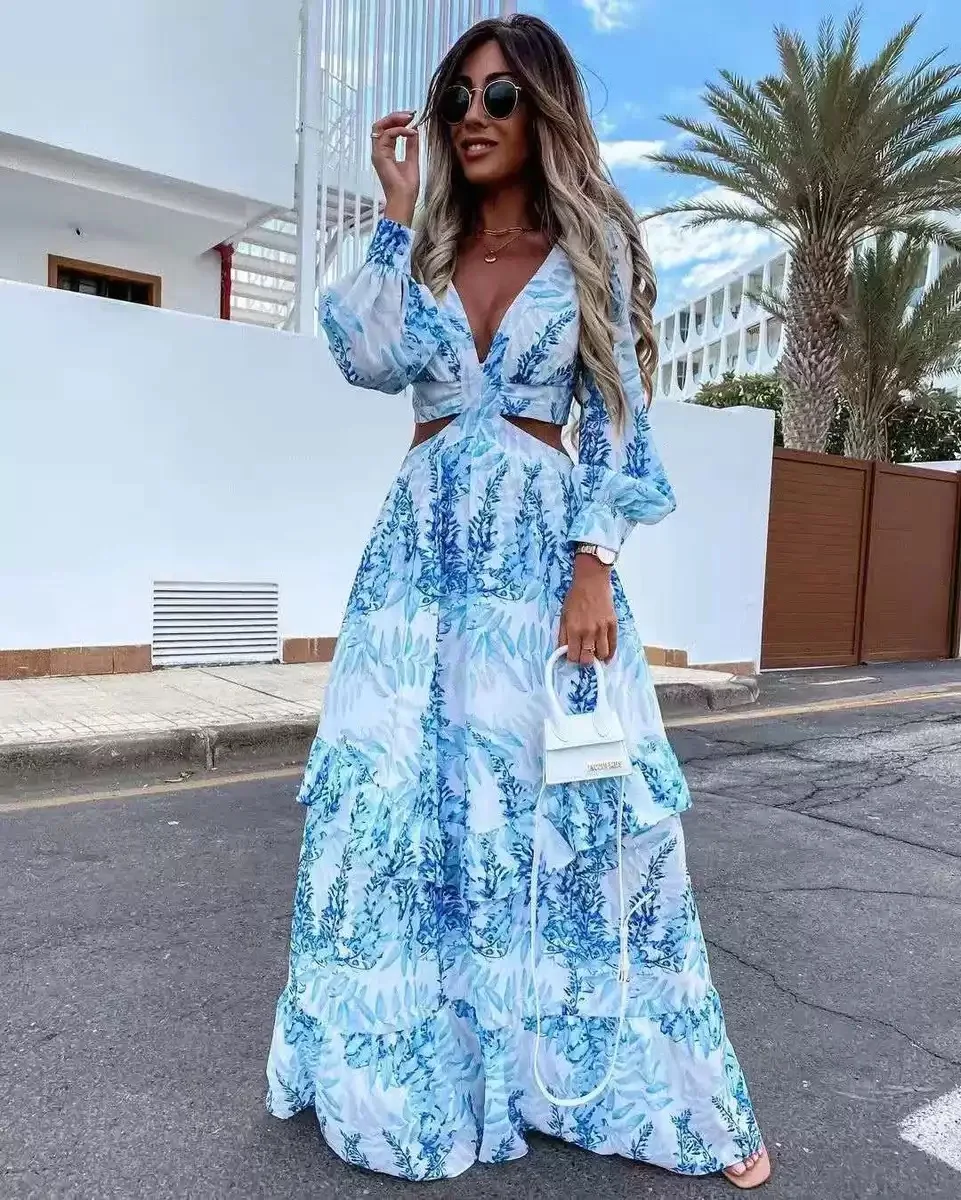 

Women Chiffon Print Hollow Out Soft Printing Hip Wrap Casual Dress