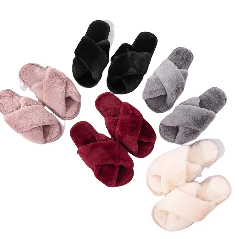 

Winter Women House Slippers Faux Fur Fashion Warm Shoes Woman Slip on Flats Female Slides Black Pink cozy home furry slippers, Blue