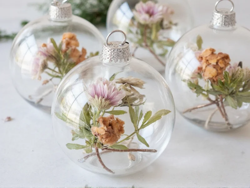 Clear resin Christmas ornaments with pressed botanicals inside