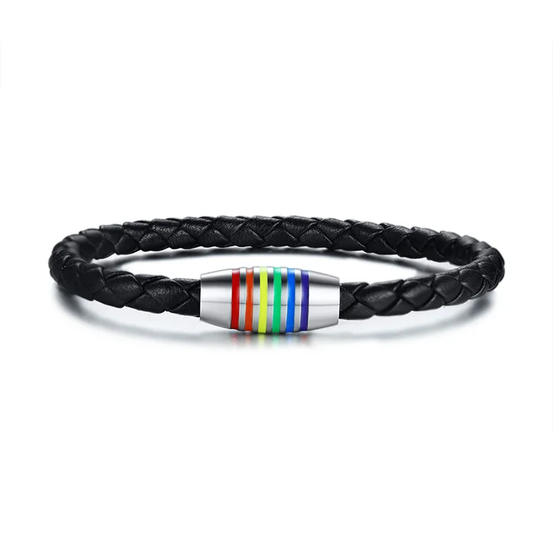 

Rainbow Woven Bracelet Bracelet Titanium Steel PU Leather Gay Accessories
