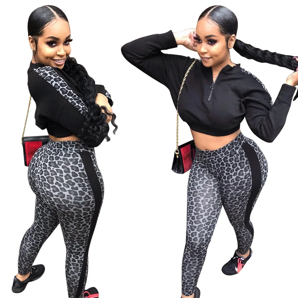 SA3667 women fashion leopard pants and long sleeve crop top two piece set