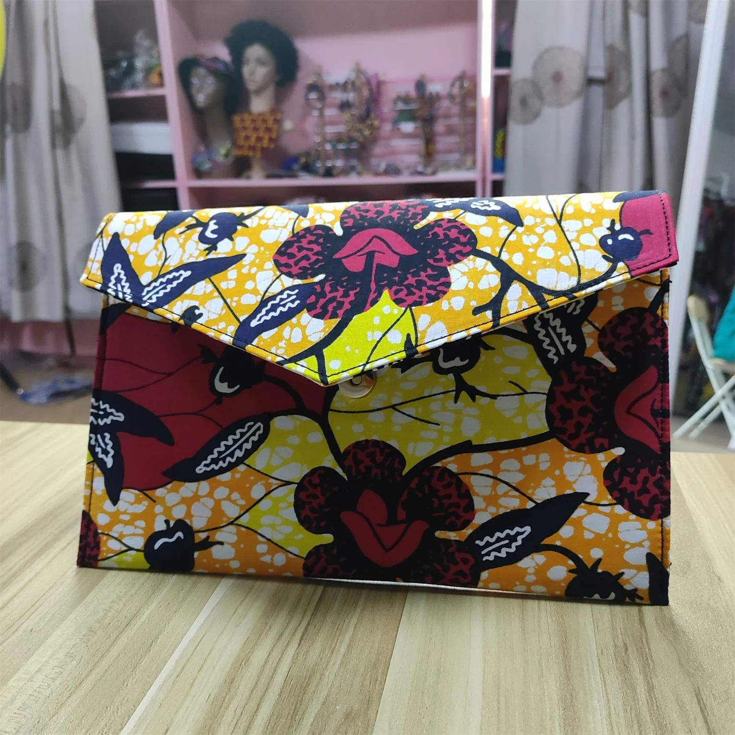 

2021 New Arrivals African Ankara print women envelope clutch high quality rectangle envelope bags metal chains