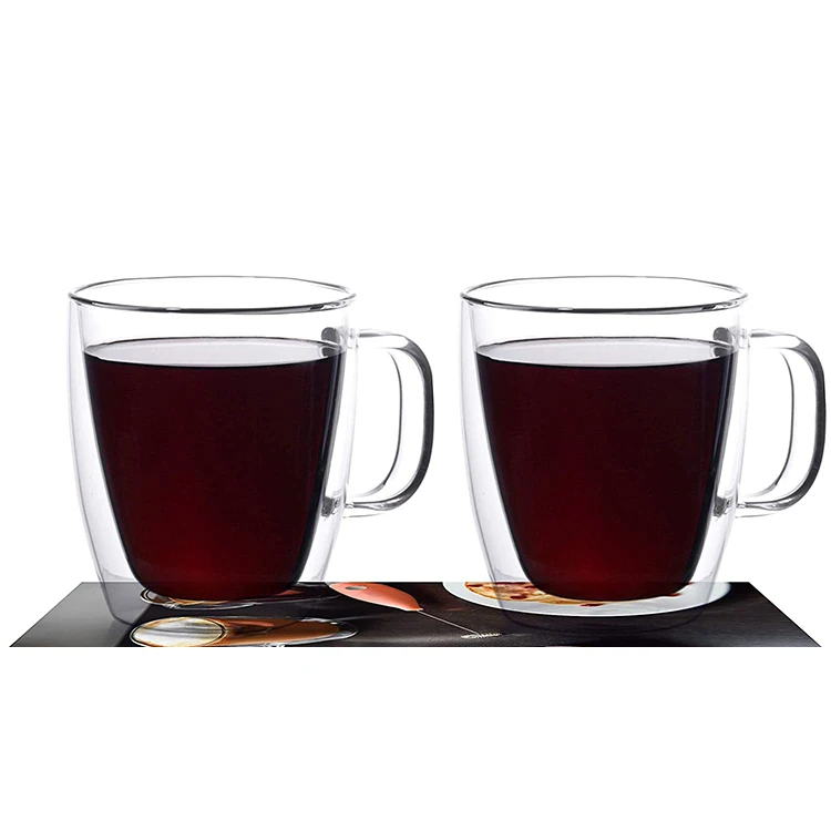 

Set of 2 12 oz Glass Coffee Mugs Double Wall Clear Glasses Insulated Glass ware With Handle Large Espresso