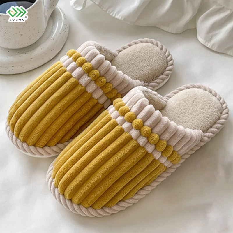 

2022 JOGHN Autumn winter new design striped color warm slippers female home couple delicate plush bedroom shoes in stock