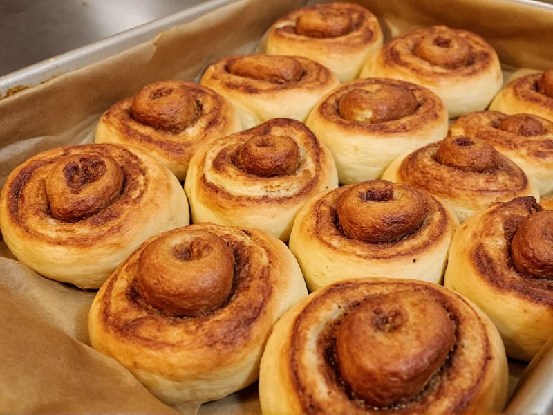 Golden brown cinnamon rolls fresh from oven