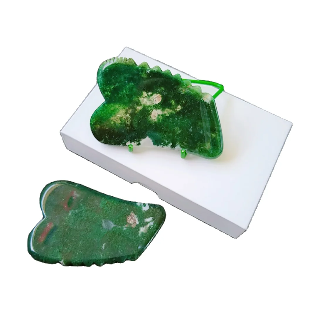 

2020 new 100% natural handmade moss agate jagged square shape guasha board for body massage