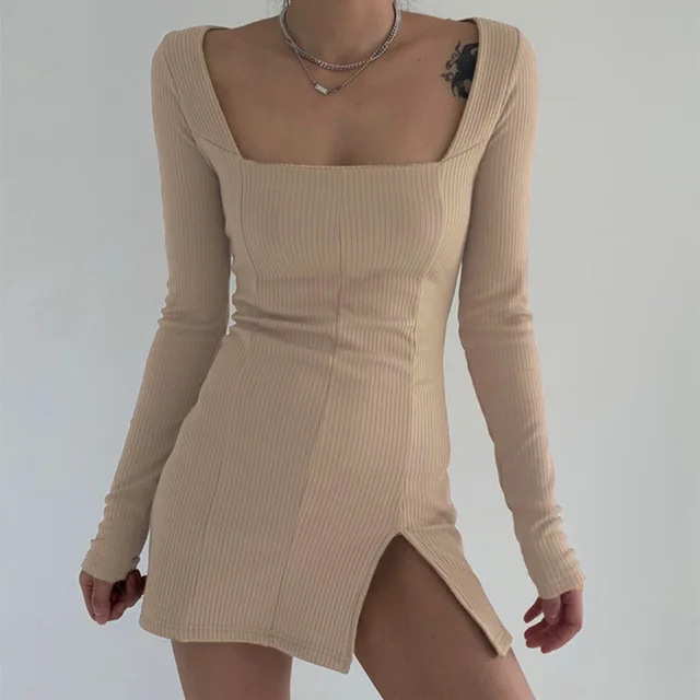 

FS3414A fashion slit dress square collar dress women long sleeves casual dress