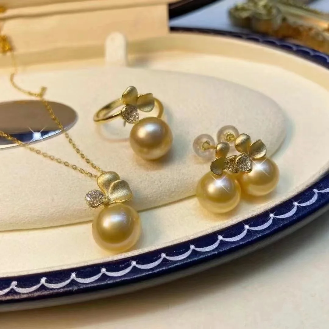 

67S 8-10mm Real Natural Freshwater Pearl 925 Sterling Silver with Gold Plated ring pendant earring set style for gift