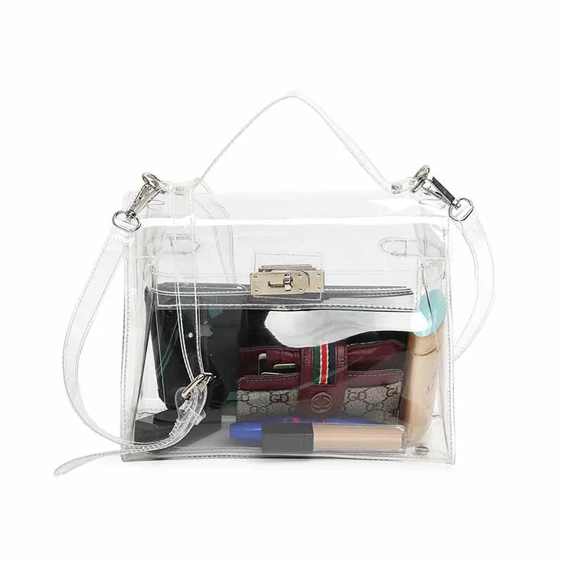 

New Arrival Designer Transparent PVC Women Tote Bag Summer Classic Portable Lock Buckle Shoulder Bag Young Girls Beach Handbag