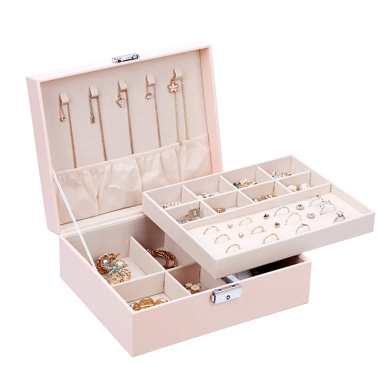 

Wholesale Custom Logo PU Leather Jewelry Box 2Layers Watch Makeup Ring Earring Necklace Jewellery Organizer joyero Gifts Case