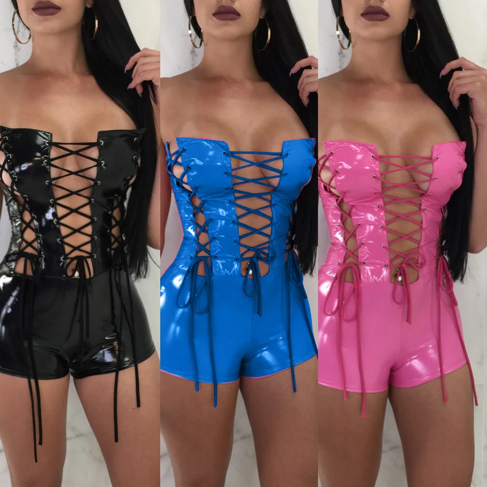

Custom Pu leather lady jumpsuit women elegant romper sexy womens bodycon playsuit bodysuits for women one piece jumpsuits plays