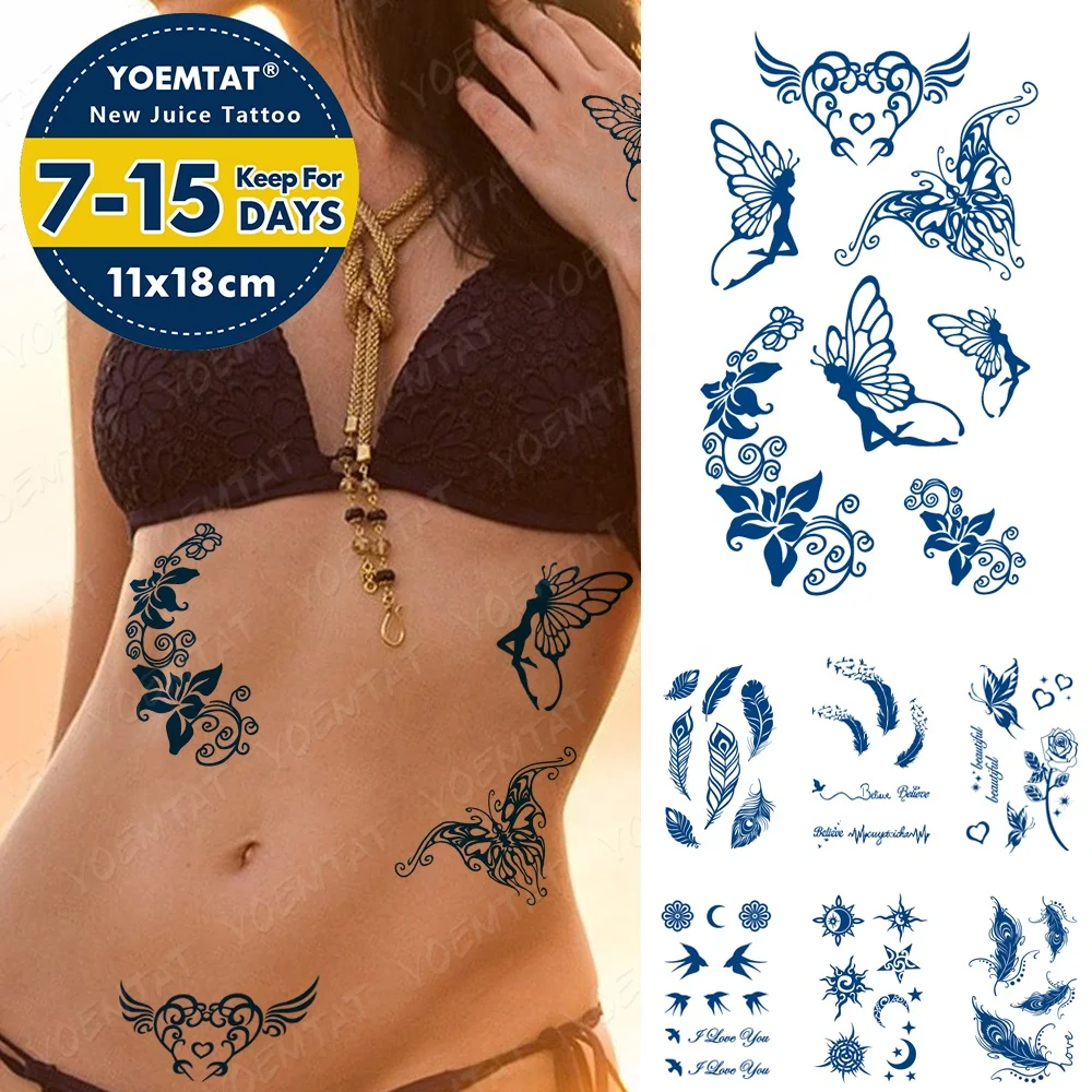 

YOEMTAT Semi-permanent GZ Models Flower Butterfly Fairy Tatto Body Art Plant Juice Ink Temporary Tattoo Sticker, Matte blue