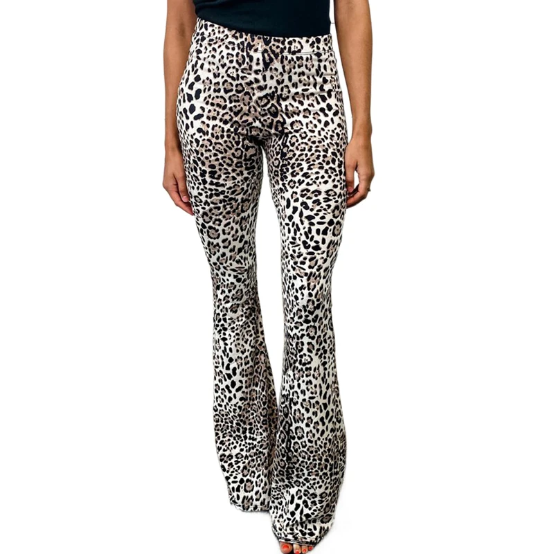

Popular Style Leopard Print Bell Bottom High Waist Pants Women