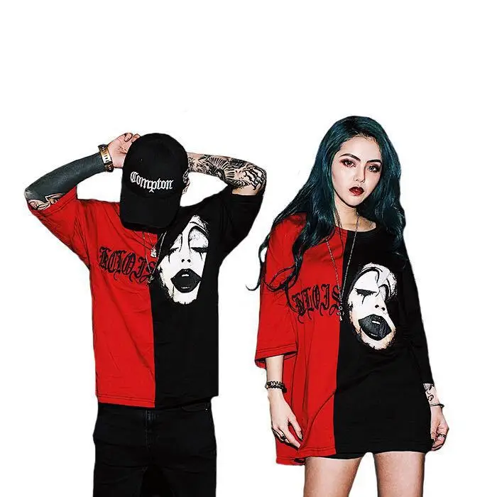 

Sleeve Embroidery Contrast Color Couples Loose T-shirt Summer Fashion Black and Red Stitching Clown Short