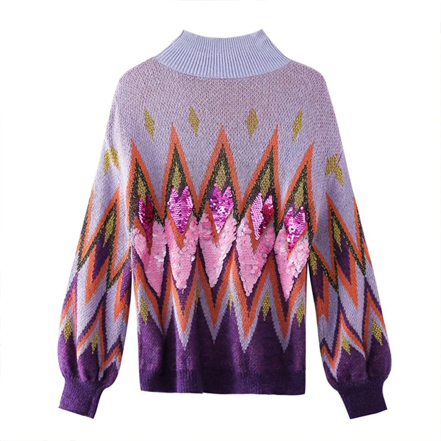 

Europe Colorful Personality Knitwear Ladies Long Sleeve Beaded Jumper Women Sweater with Sequins, Customized color