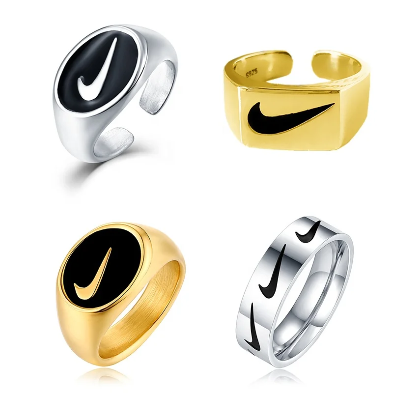 

Fashion Hip hop Tick Swoosh Rings Engraved Stainless Steel Jewelry Engraved Gold Plated Rings For men