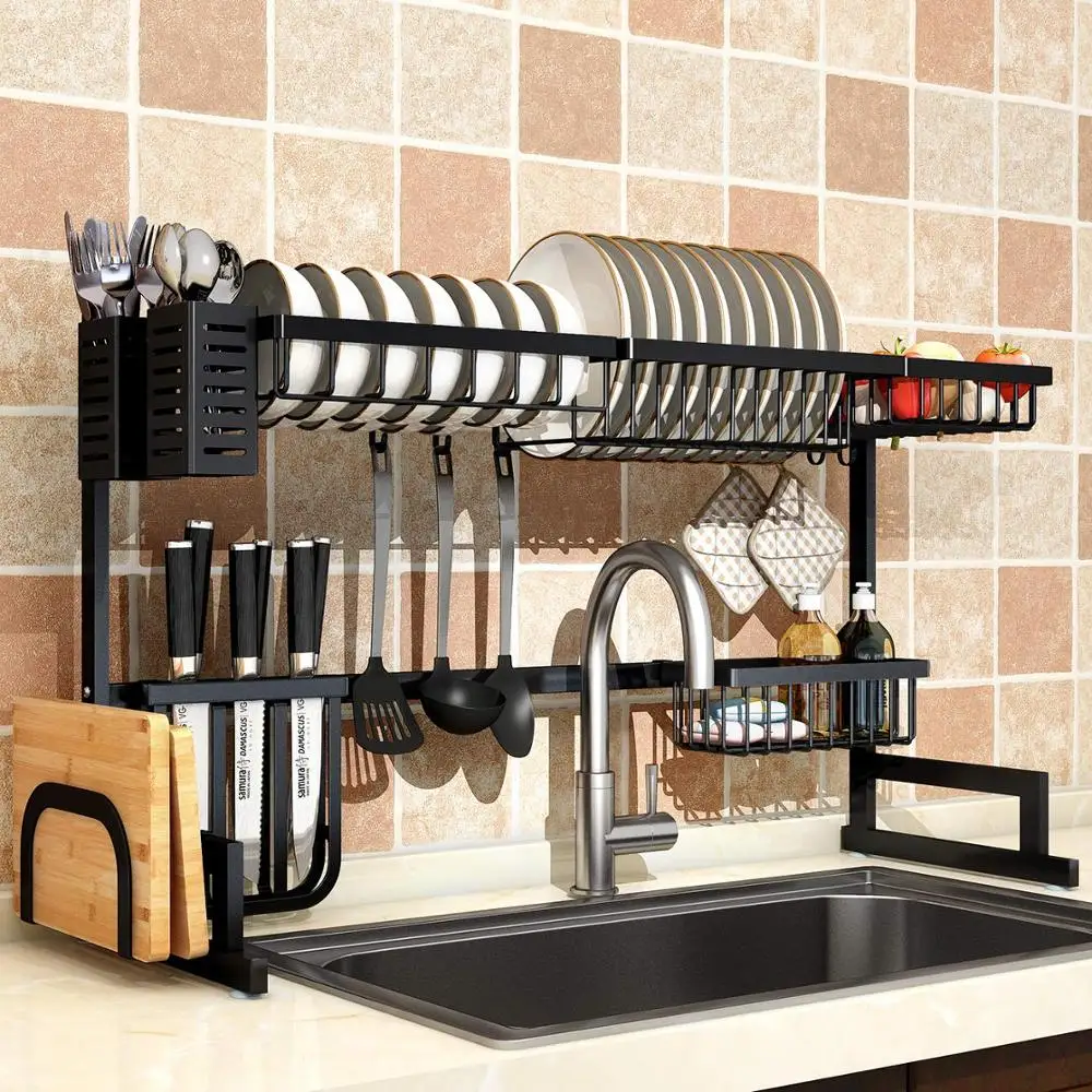 2 Tiers 201 Stainless Steel Cutlery Dish Drying Rack Holder for Kitchen Supplies Sink Storage Counter Organizer