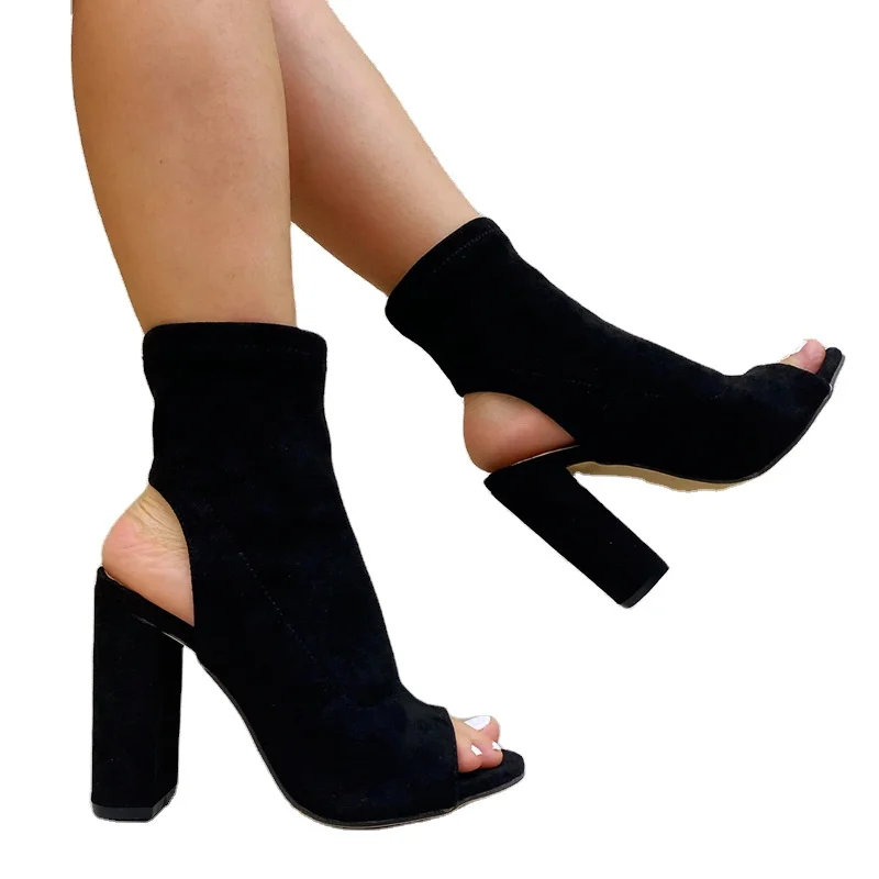 

Custom Model Trendy Ladies Summer Boots Black Suede Fish Mouth Open Toe Thick Heel Hollow Women Ankle Boots