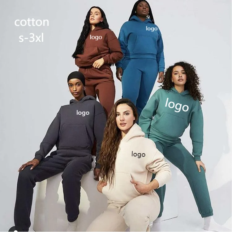 

Fall Winter 8 Colors Custom logo Hood Sweatsuit Cotton Fleece Joggers Pants Ladies Causal Hoodies Sweatpants Suits Set For Women