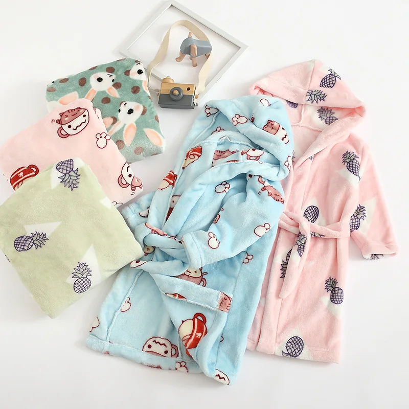 

Children's Bathrobes 2021 New Home Clothes Boys Girls Nightgown Hooded Flannel Kids Bathrobe, As pictures