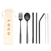 

Restaurant korean stainless steel straws cutlery set with logo bag travel reusable silverware set black flatware