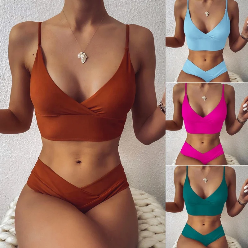 

YS-X1114 Hot sexy deep v 2 pieces set beach wear women swimwear bikini cross solid two piece bathing suits for women, As picture shows or customized color