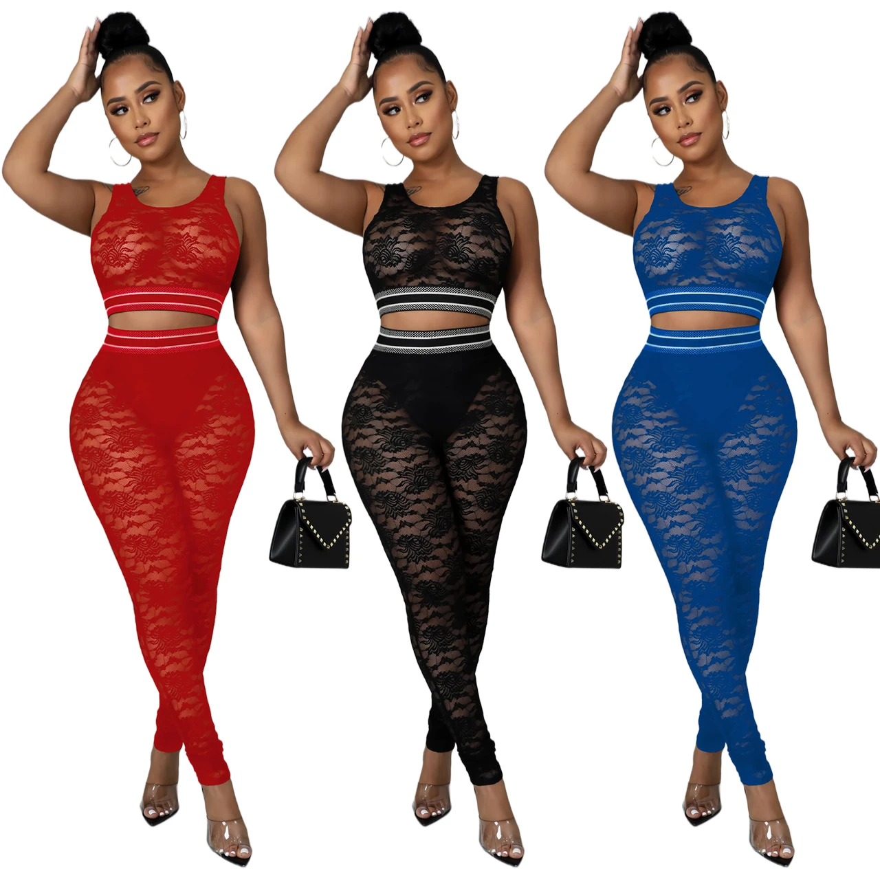 

2022 New Arrival Strap Striped Tape Mesh Sheer Crop Tops Lace Pants Two Piece Set Women Clothing