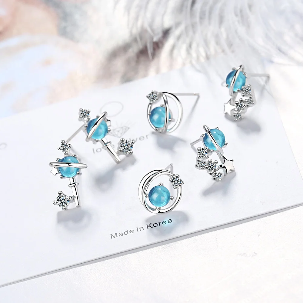 

Aurora Blue Glass Planet Jewelry Girl 925 Sterling Silver Blue Planet Earrings