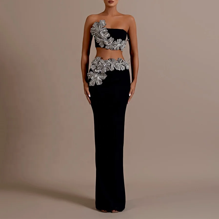 Bandage Two Piece Strapless Diamond Flower Top & Skirt Set
