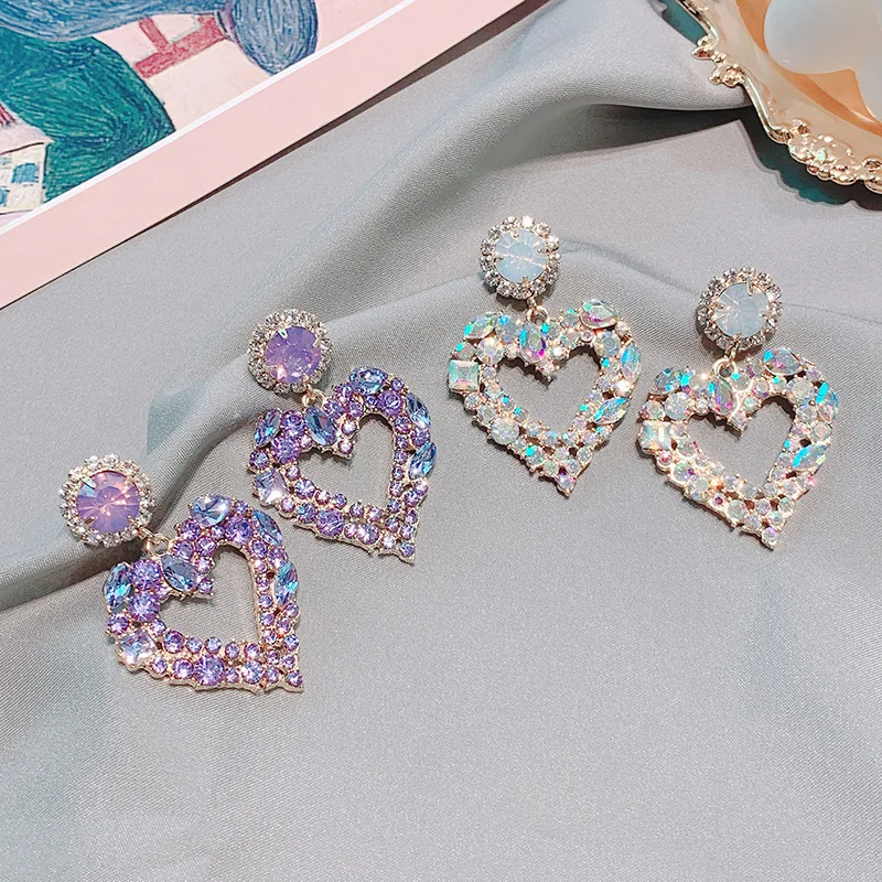 

JINGLIANG Elegant Temperament Crystal Love Earrings Purple S925 Silver Big Rhinestone Heart Earrings For Girlfriend, Gold/silver