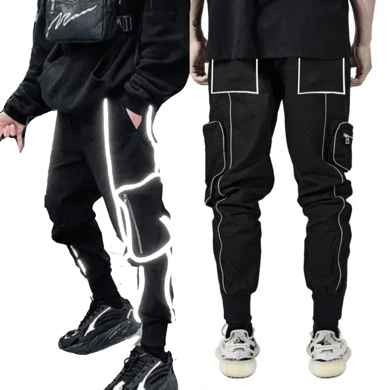 

Men Streetwear Night Hip hop Reflective Cargo pants fashion male Elastic waist Skateboard Harajuku Jogger trousers sweatpants, Stock color