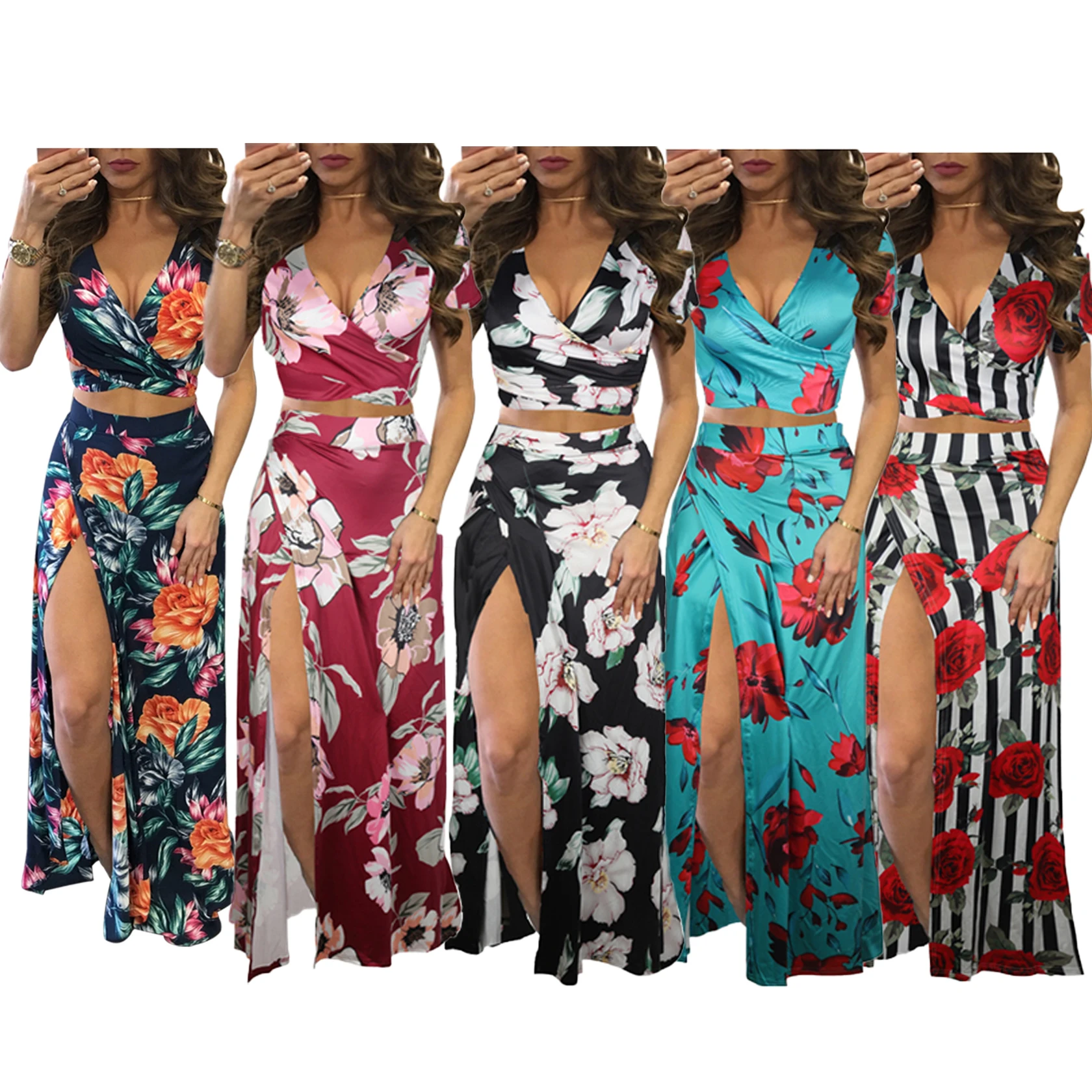 

2020 Arrivals Ladies Suits Classic Beach Floral Print Tops Slit High Waist Skirt Two Piece Set Women Clothing 2 Piece Sets Skirt, Customized color